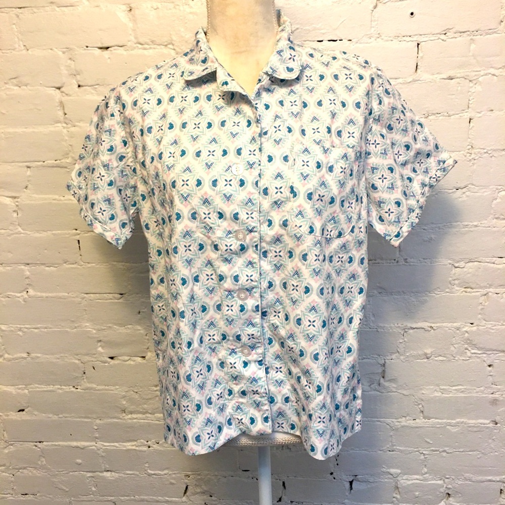 John Robshaw cotton pajama top short sleeve blue gree block print s nwt